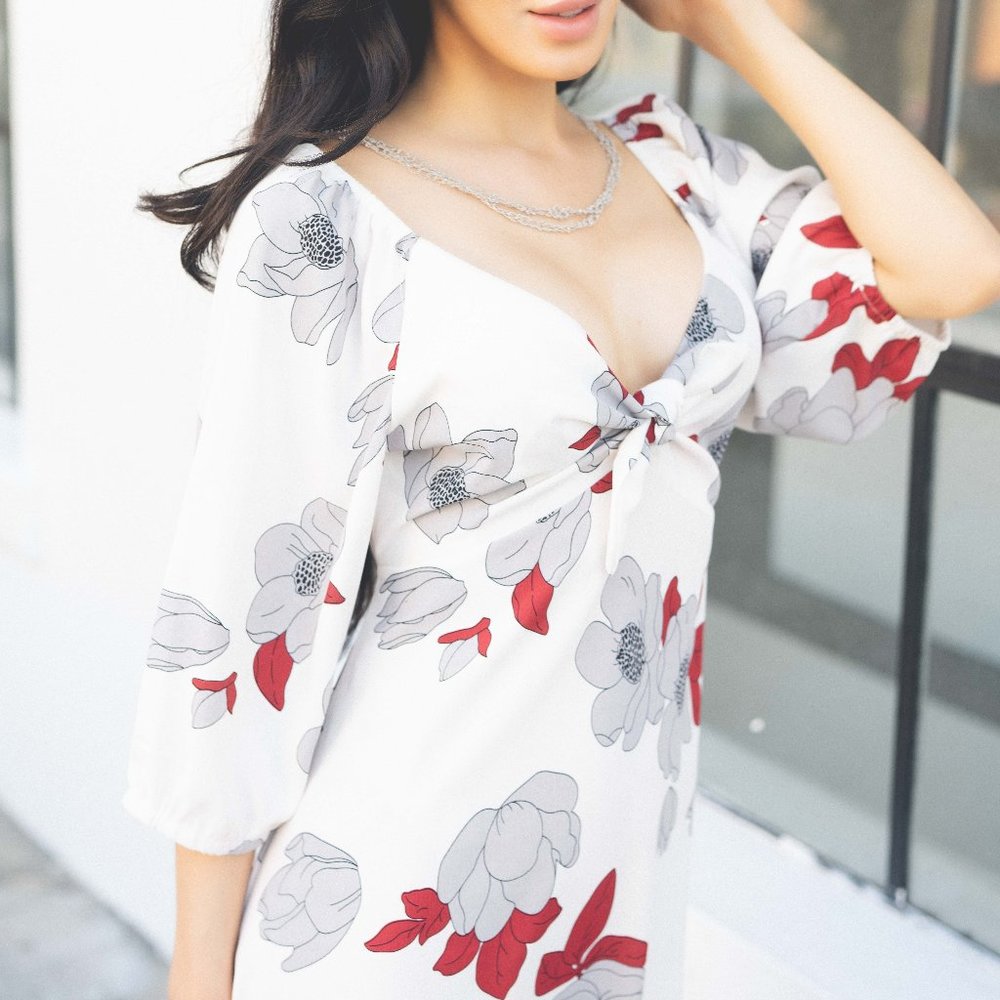 Hope Horizen White/Red Floral Print Mini Dress